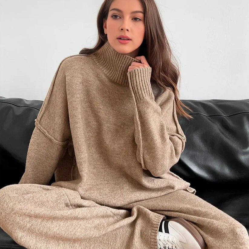 Casual Laid-back Style Solid Color Loose High Collar Knitted Sweater Suit