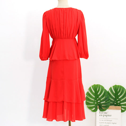 Fashion V-neck High Waist Mid-length Dress Lady Style Skirt