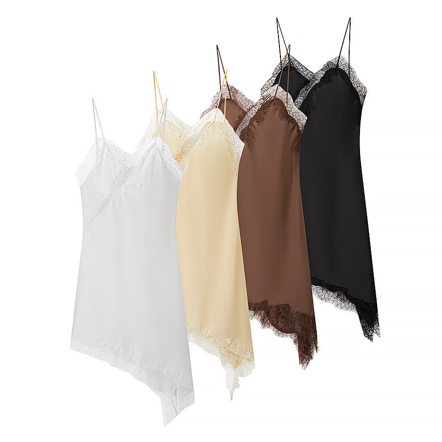 Silk Texture Sexy Lace Asymmetric Sling Dress
