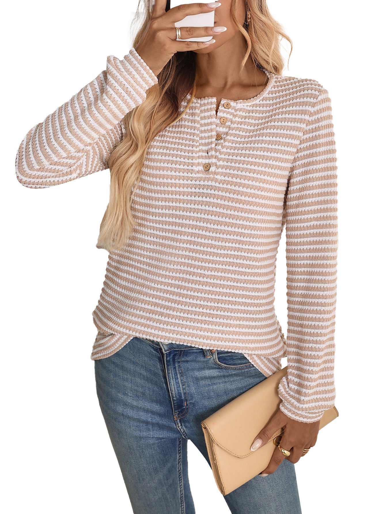 European And American Pineapple Grid Casual Button Round Neck T-shirt Knitted Long Sleeve