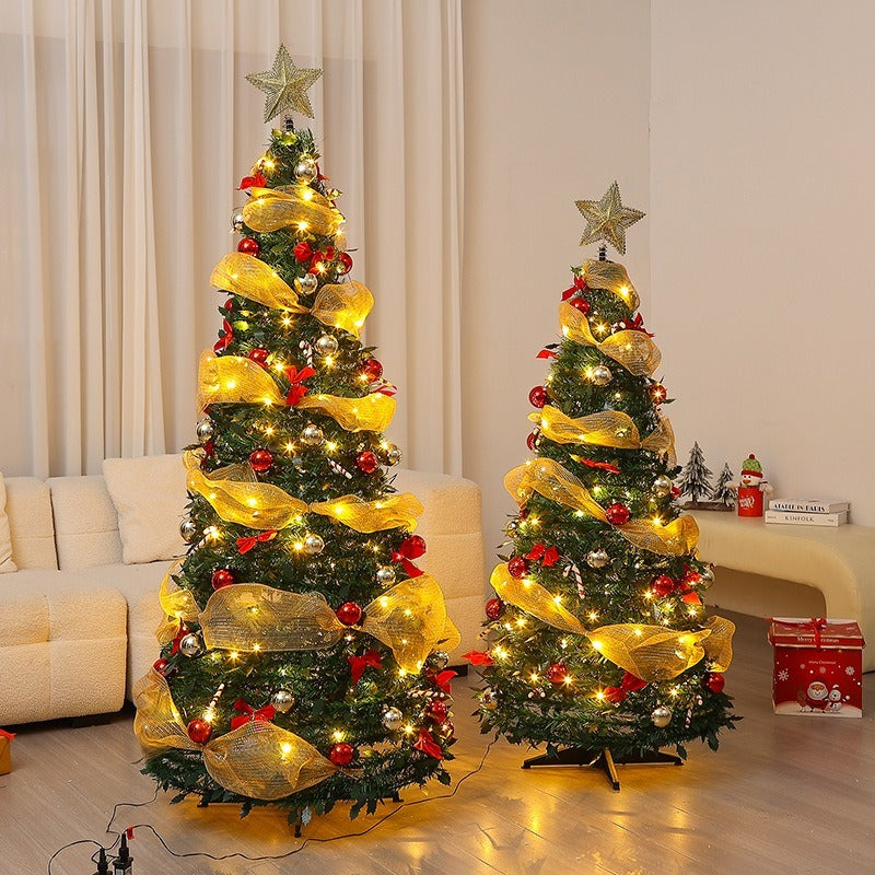 Foldable Telescopic Floor-Standing Green Velvet Christmas Tree With Warm Lights For Holiday Decorations