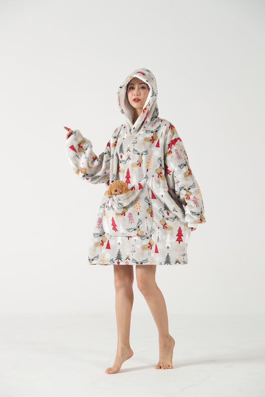 RONGTAI Oversized Wearable Pajamas With Big Pockets,Soft Plush Sweatshirt Hooded Popular Tops One Size Fits Deer