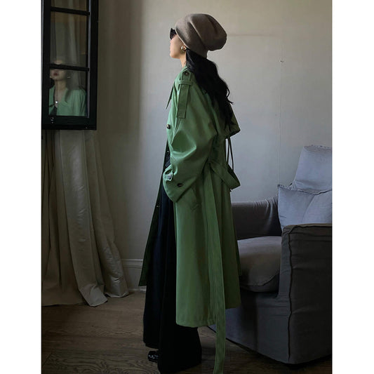 Women's Mid Length Green Leather Trench Coat