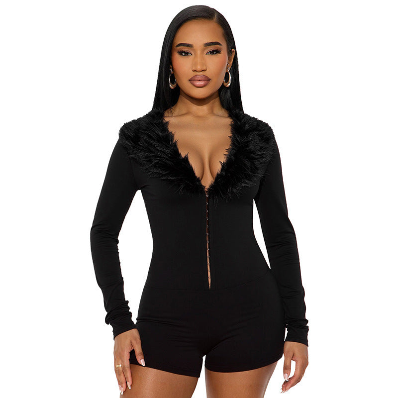 Black Faux Fur-trimmed, Figure-flattering, Long-sleeved Bodysuit
