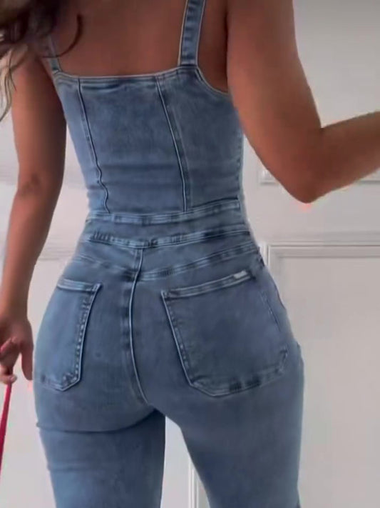 Sleeveless Paneled Zipper Denim Jumpsuit