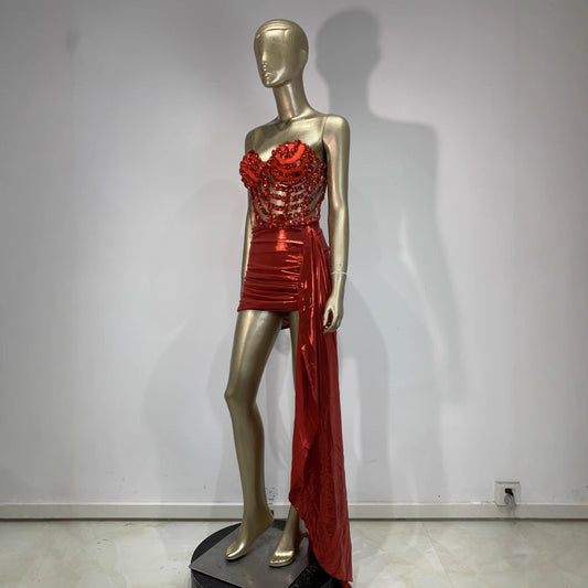 Sexy Skirt Suit Hollow Mesh See-through Banquet Company Party Stage Costume