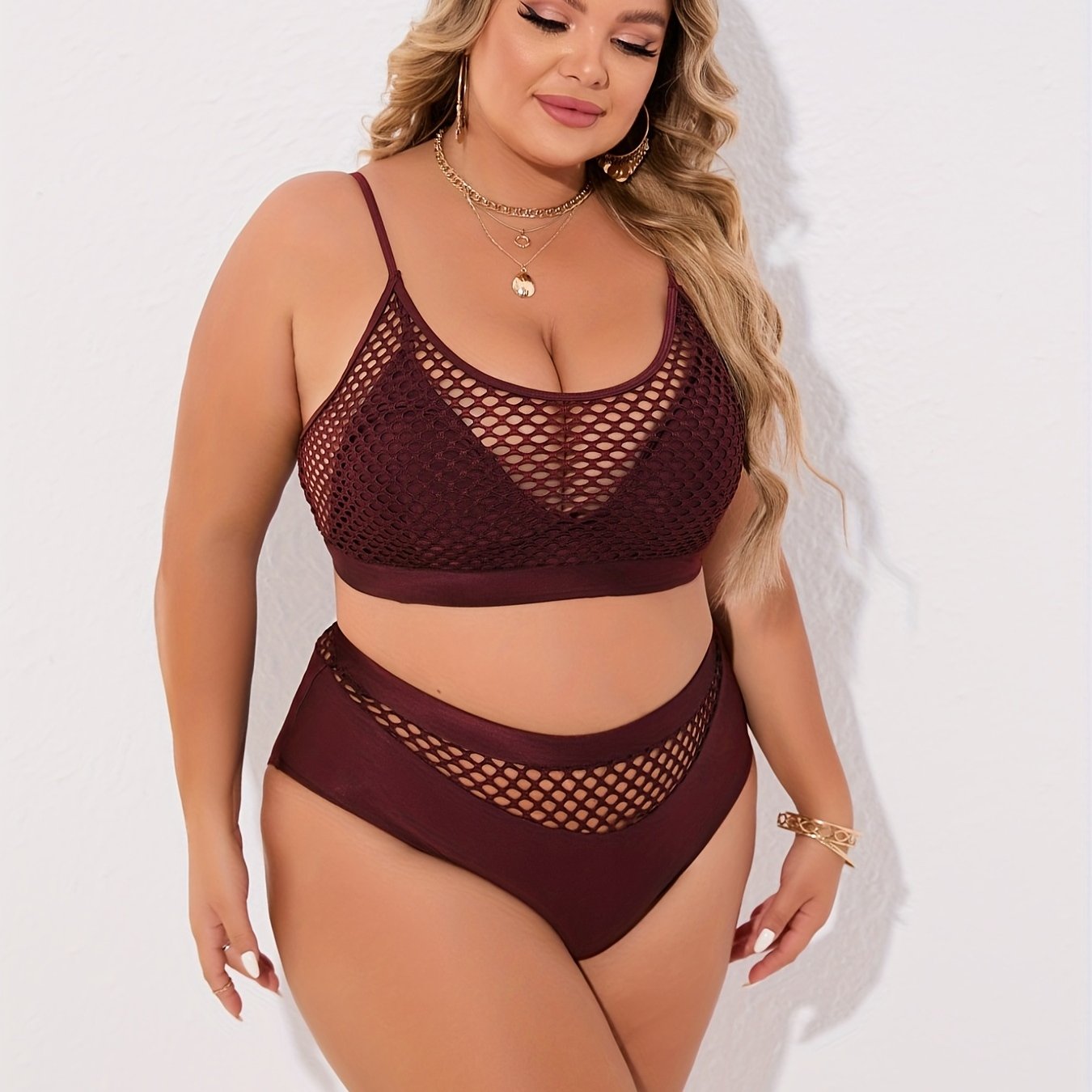 Plus Size Casual Bikini Set, Women's Plus Solid Contrast Fishnet Hollow Out High Stretch Crop Tank Top & Underwear Swimsuit Two Piece Set