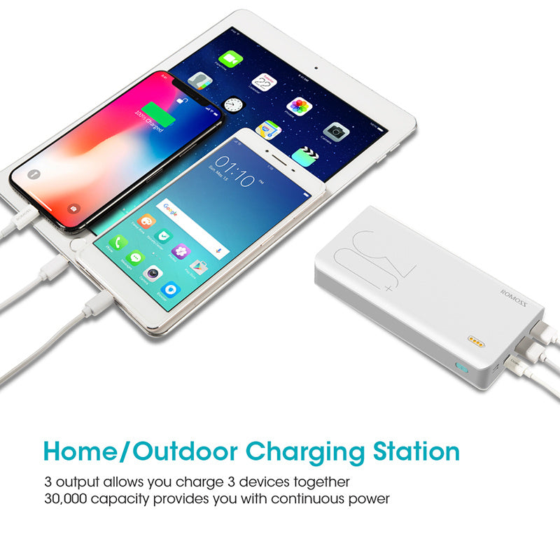 ROMOSS 30000mAh Power Bank - QC Fast Charging Portable Charger for iPhone, Samsung & Tablets