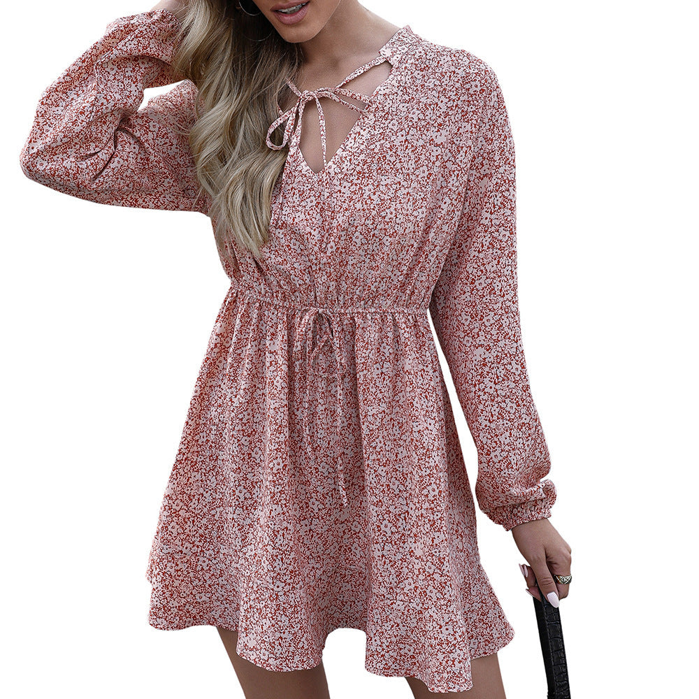Lace V-Neck Floral Long Sleeve Mid-Length Dress Women