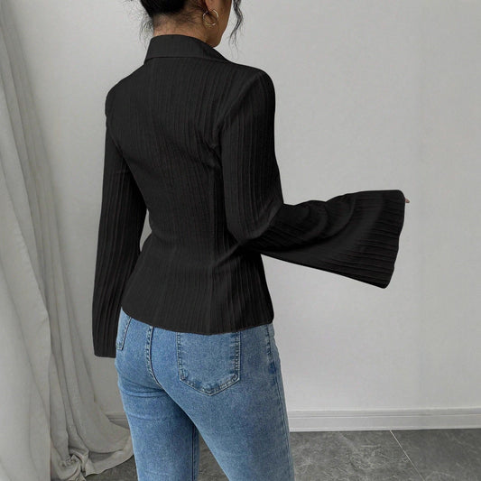 Elegant V-neck Single-breasted Solid-color Striped Blouse For Women