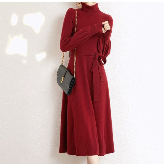 Turtleneck Knitwear Dress Loose Big Hem Mid-length Sweater Skirt
