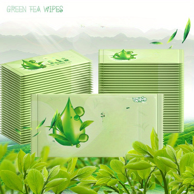 100 Individually Packaged Wet Wipes with Green Tea for Face Cleansing, Oil Removal, Portable And Disposable, Essential for Daily Use, Sports, Sweating, And Travel.