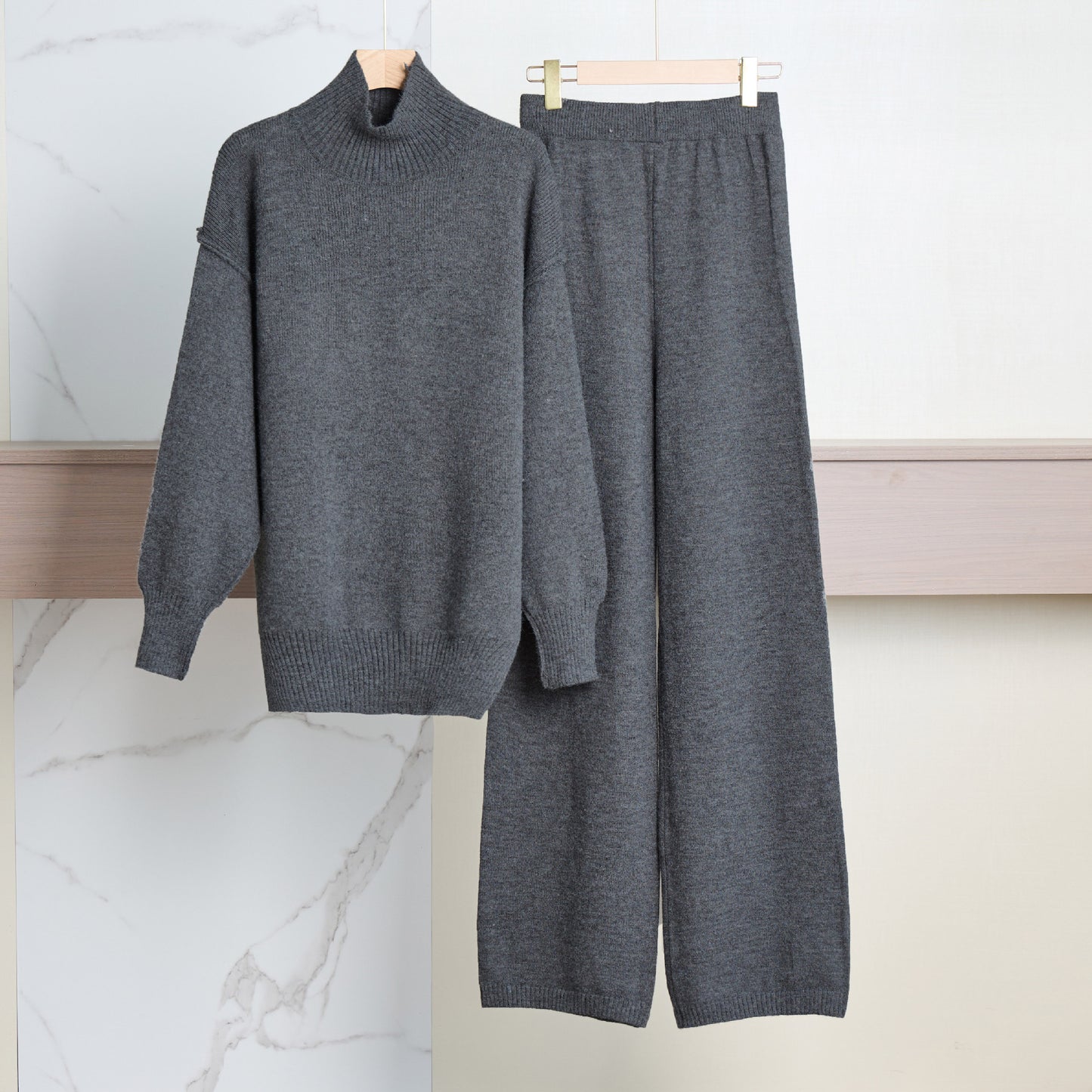 Casual Laid-back Style Solid Color Loose High Collar Knitted Sweater Suit