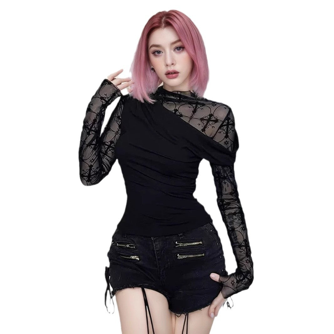 Womens Lace Bodycon Patchwork Hollow Long-Sleeve Top