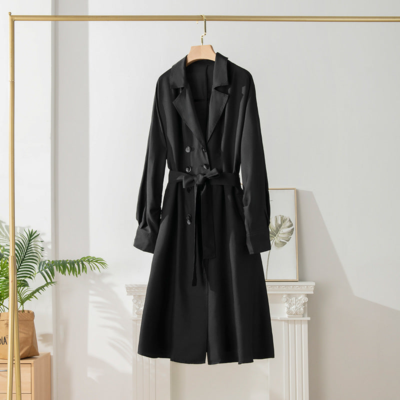 Women's Over-the-Knee Mid-Length Trench Coat with Silk Waist Belt - Elegant Winter Coat