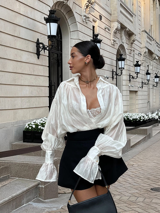 Ins French Lantern Sleeve Shirt Fashion Button Lapel Long Sleeved Tops Casual Women's Clothing