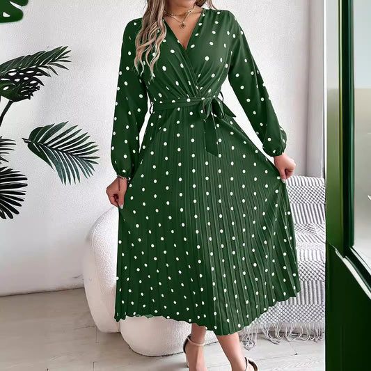 Spring Summer Elegant Long Dress Cross V-Neck Contrast Polka Dot Long Sleeve Pleated Bridesmaid Dresses