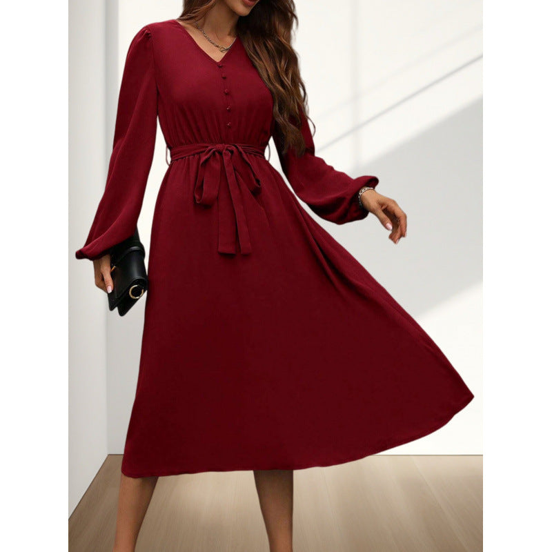 Solid-color Collar Long-sleeve Dress