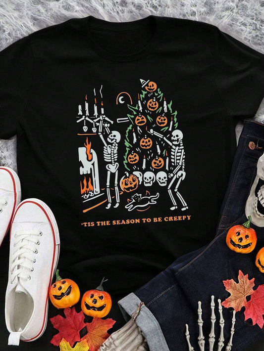 Women's Round Neck Halloween Pumpkin Print Short Sleeve