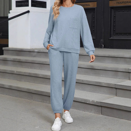 New Solid Color Knitting Belt Pocket Long Sleeve Top And Trousers Two Pieces