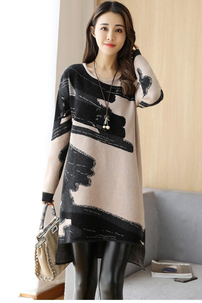 Mid-length base skirt women round neck long sleeve dress