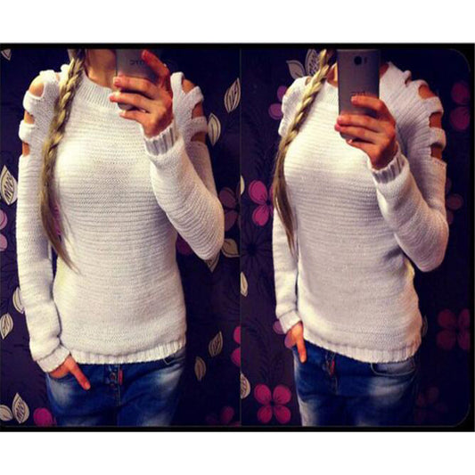 Women's Solid Color Round Neck Hollow-out Long-sleeved Knitted Bottoming Shirt