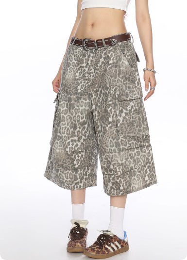 Leopard Print Cargo Denim Capri Pants For Women Summer