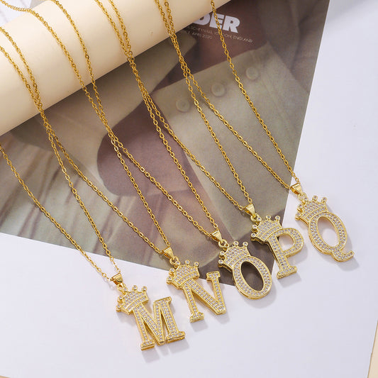 1PCS Fashionable Gold Diamond Crown Uppercase Letter Popular Pendant Necklace Suitable For Daily Use Festivals Parties Gifts Jewelry Set