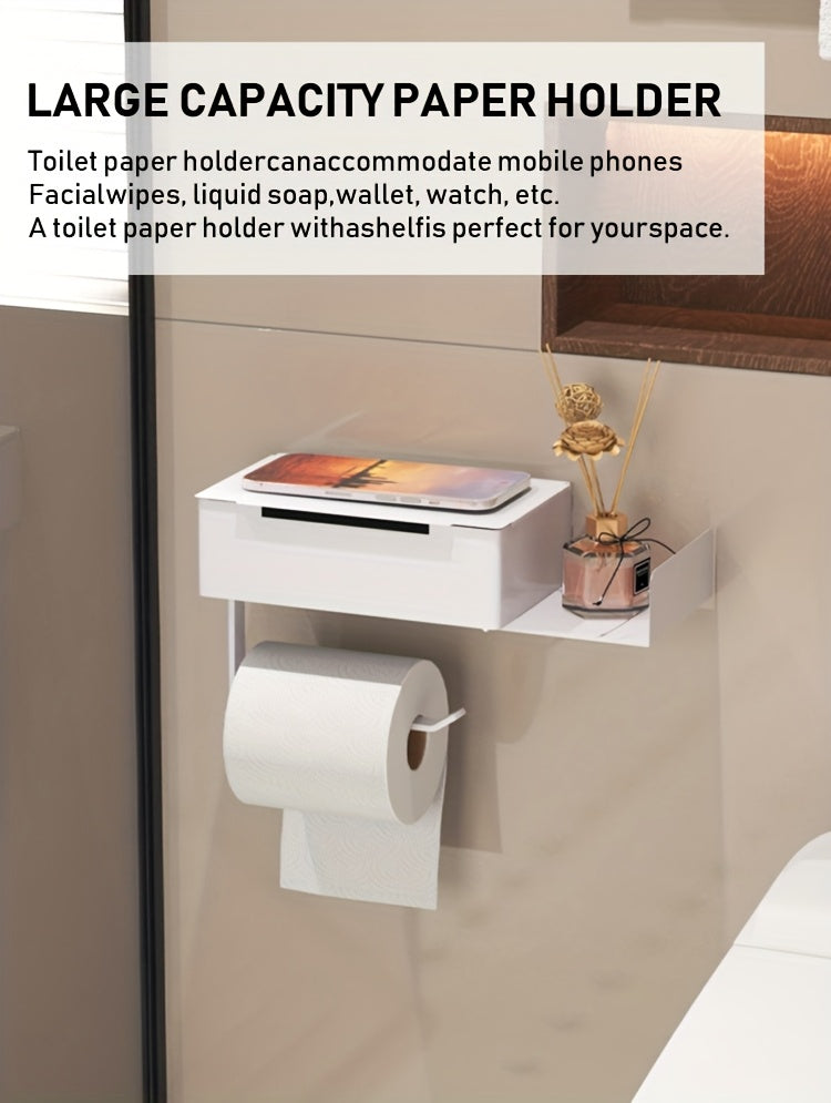 1pc Wrought Iron Bathroom Tissue Holder with Shelf - Self-Adhesive Wall Mounted Toilet Paper Roll Dispenser, Non-Drilling Installation, Multi-Functional Storage for Wet Wipes and Phone, Home Decor