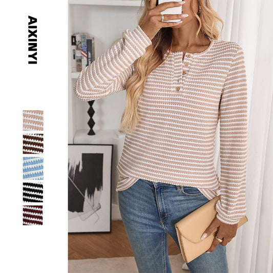 European And American Pineapple Grid Casual Button Round Neck T-shirt Knitted Long Sleeve