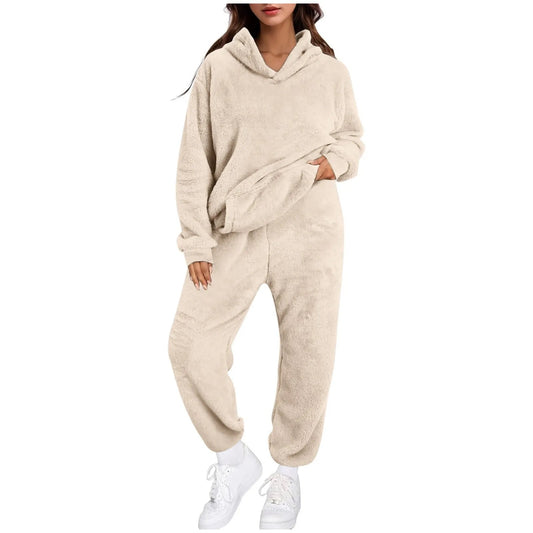 Women's Casual Solid-Color Fleece Hooded Long-Sleeve Top And Pants Set
