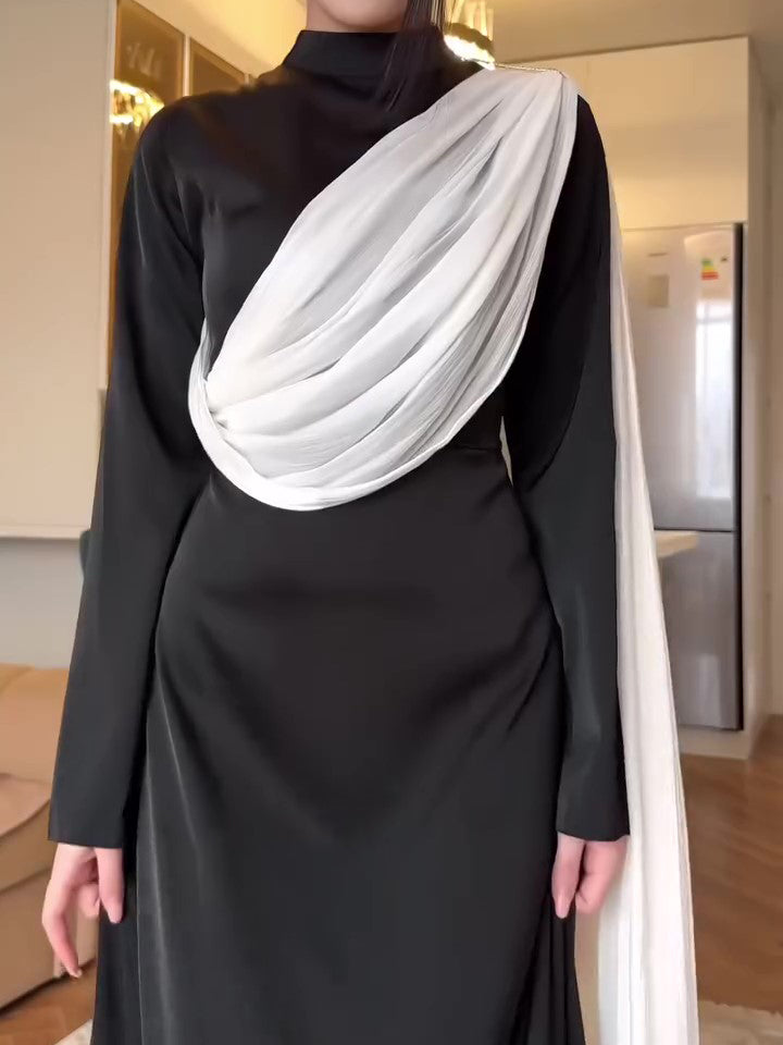 Contrast Color Scarf Waist Long Sleeve Maxi Dress