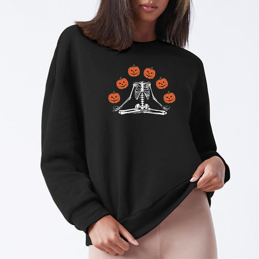 Female Wansheng Pumpkin Skull Printed Crew Neck Sweatshirt
