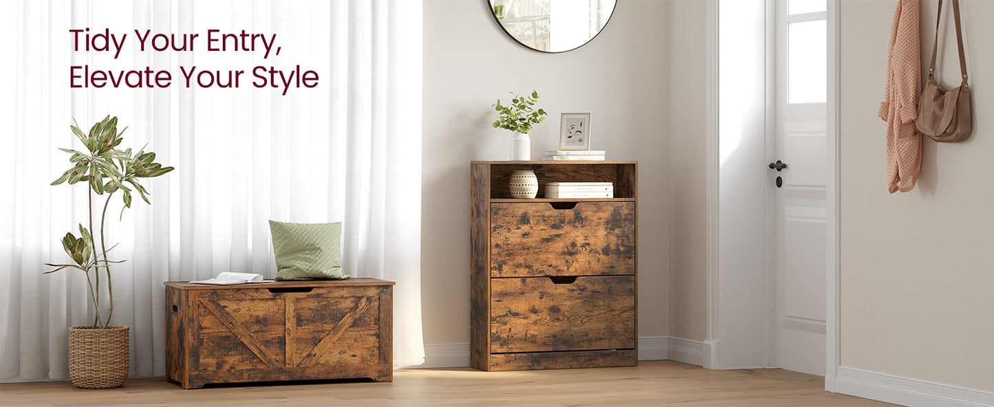 VASAGLE Shoe Cabinet 2 Flip Doors, 3 Tier Shoe Rack, with Open Compartment, Adjustable Removable Divider, for Narrow Entrance