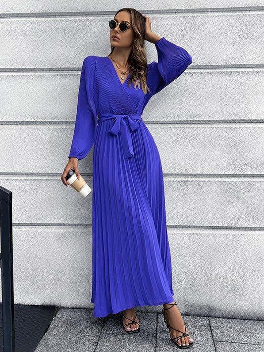 V-neck Long Sleeve Pleated A- Line Mid-length Dress