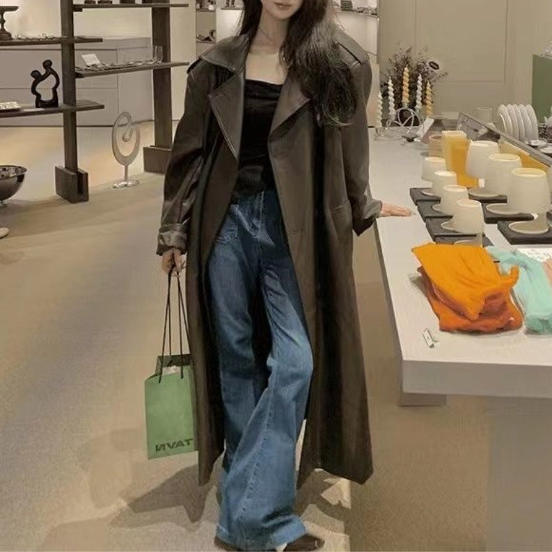 Schwerer Industrie-Ledermantel, mittellanger Windbreaker-Mantel