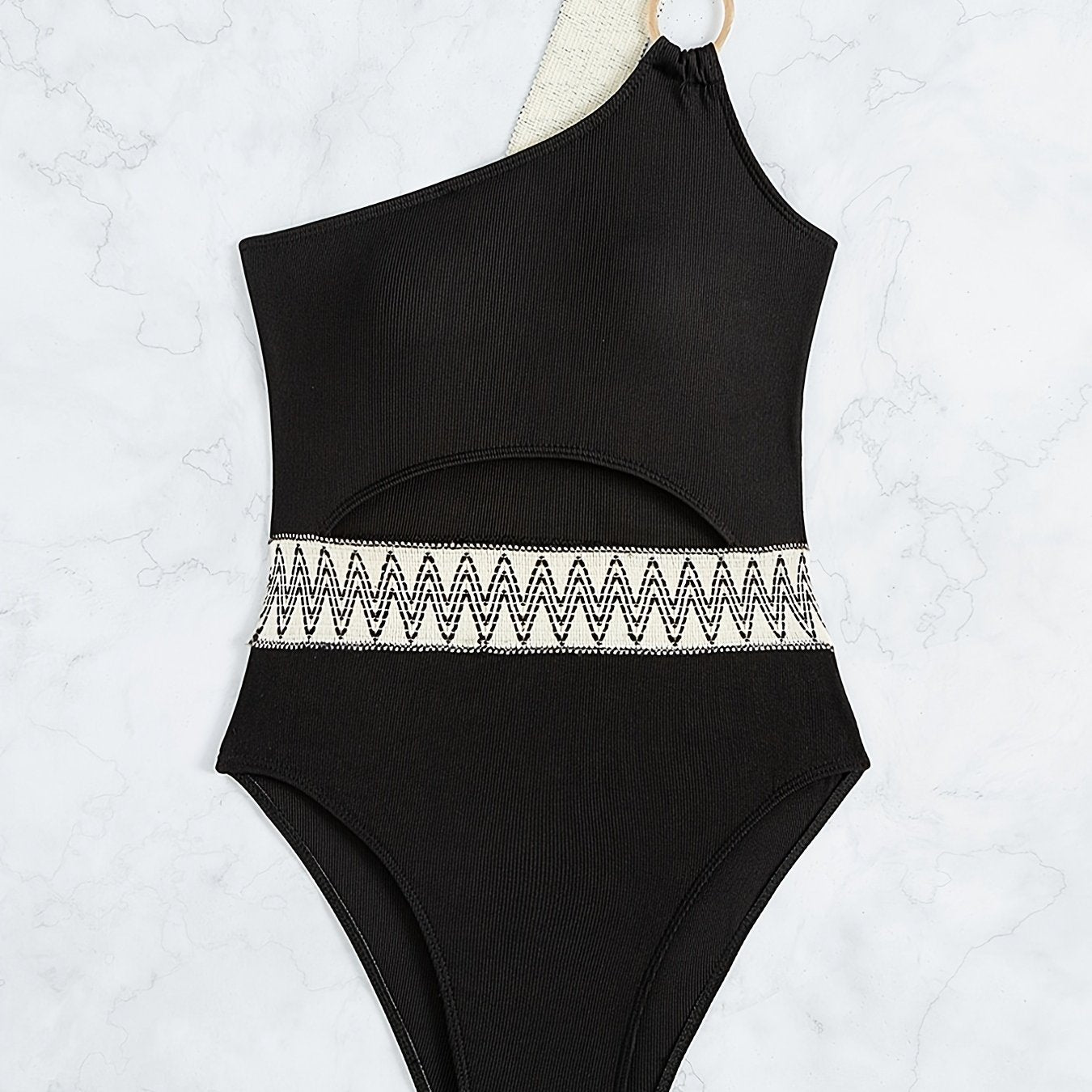 One Shoulder Cut Out Bathing Suit, Ring-Linked Asymmetrical Neck High Cut Bathing Suit, Women's Swimwear & Clothing