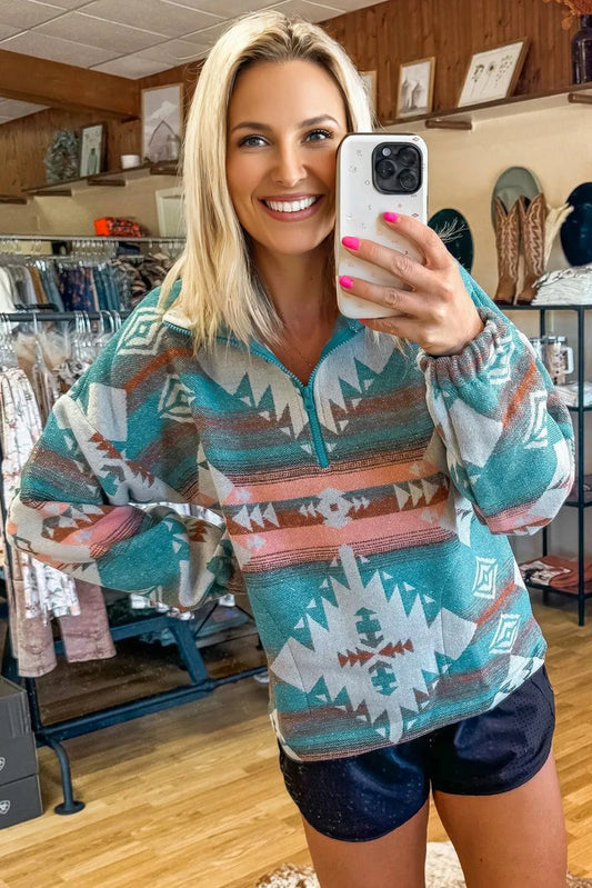 Green Quarter Zip Elastic Cuffs Aztec Sweatshirt