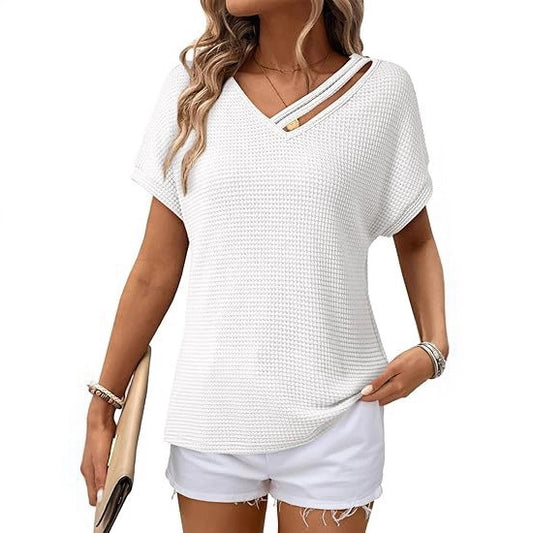 Waffle-knit Short-sleeve V-neck Women's Fashion Casual