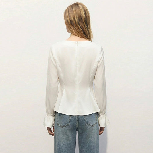 U-neck Puffed-sleeve Pullover Shirt
