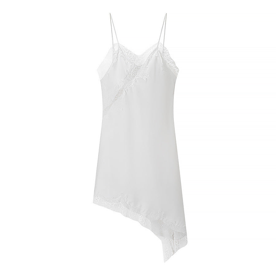 Silk Texture Sexy Lace Asymmetric Sling Dress