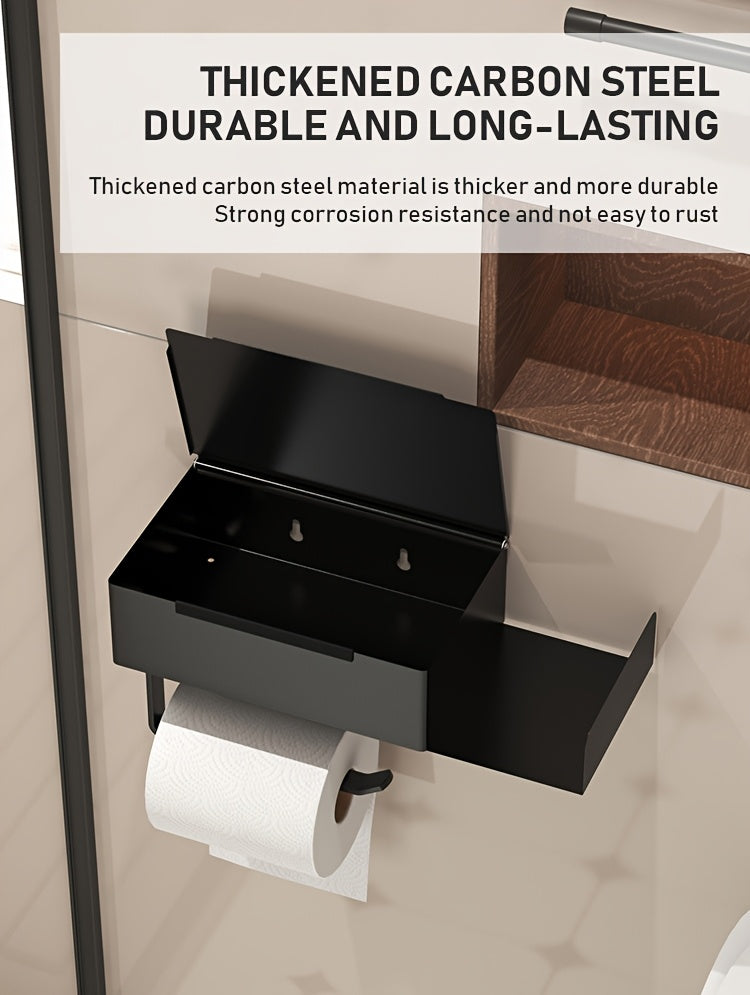 1pc Wrought Iron Bathroom Tissue Holder with Shelf - Self-Adhesive Wall Mounted Toilet Paper Roll Dispenser, Non-Drilling Installation, Multi-Functional Storage for Wet Wipes and Phone, Home Decor