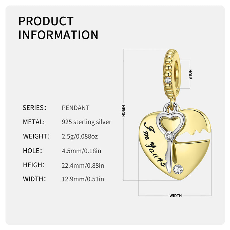 Heart Lock Key S925 Sterling Silver Pendant Valentine's Day Gift Bracelet Diy Accessories Beads