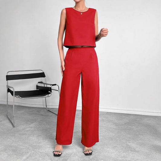 Round Neck Sleeveless Top Wide Leg Pants Two-piece Set