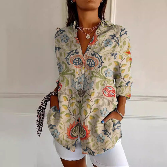 Flowers Print Long Sleeve Shirt Fashion Stand Collar Button Tops For Women Clothing