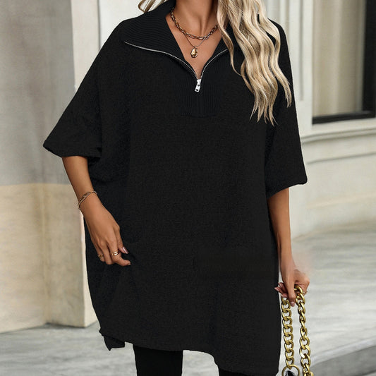 Women's Fashionable Mid-length Zipper And Lapel Sweater