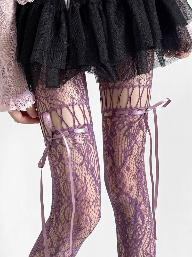 Dark Night Black Ribbon Bow Fishnet Japanese Hollow-out Pantyhose