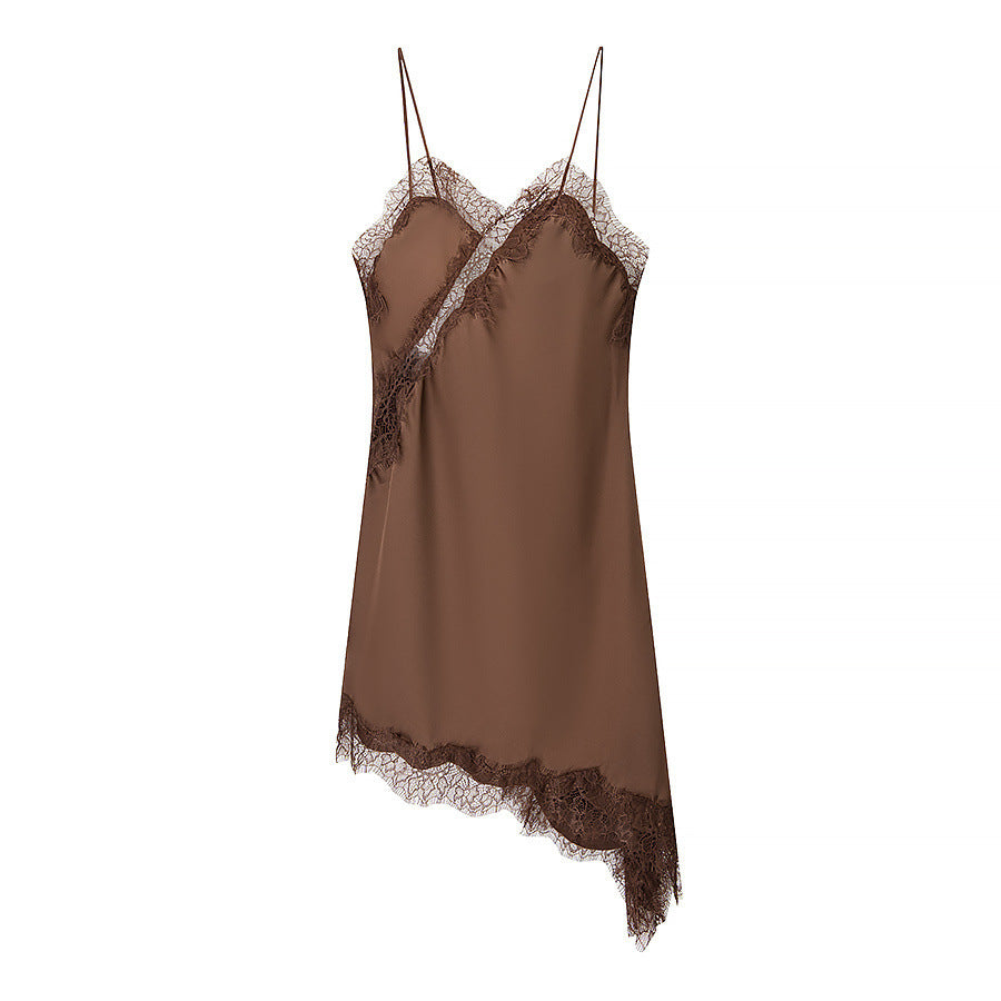 Silk Texture Sexy Lace Asymmetric Sling Dress