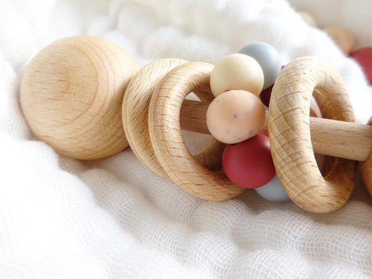 Baby Wooden Rattles, Raw Wooden Toys, Silicone Beads Color Enlightenment Education, Chewable Toys