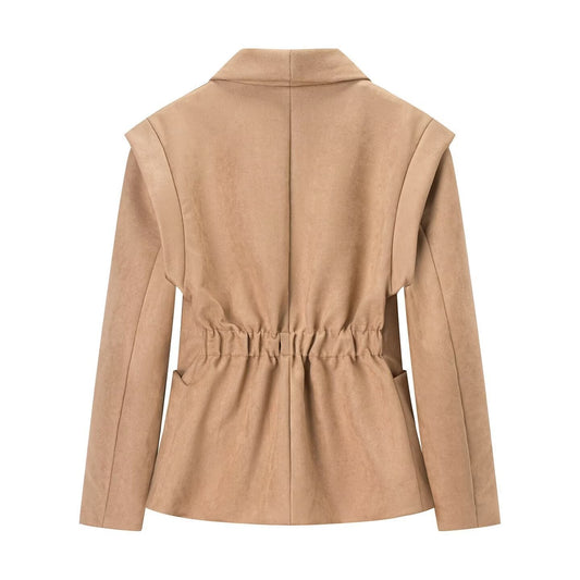 Retro Lapels Suede Waist-controlled Long Sleeves Jacket Coat